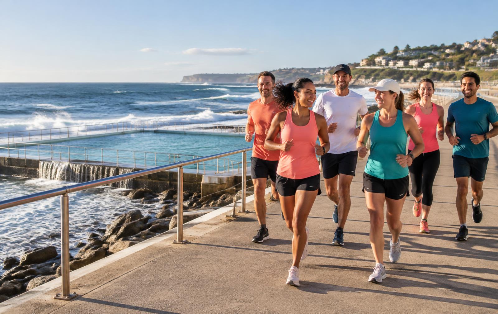 A welcoming group running together on a coastal promenade